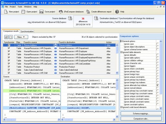 Compare and Synchronize MS SQL Server Database Schemas with .