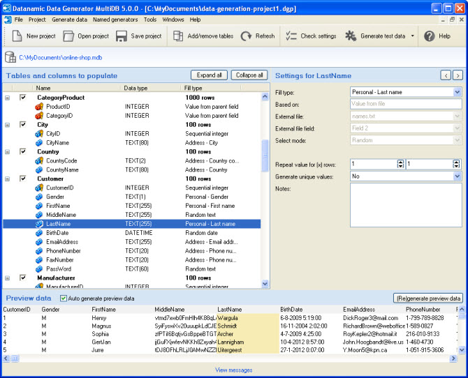 Data generator. Dezign for databases.