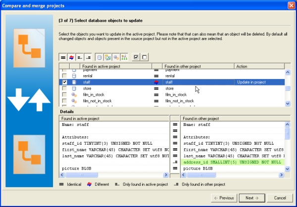 merge database objects differences