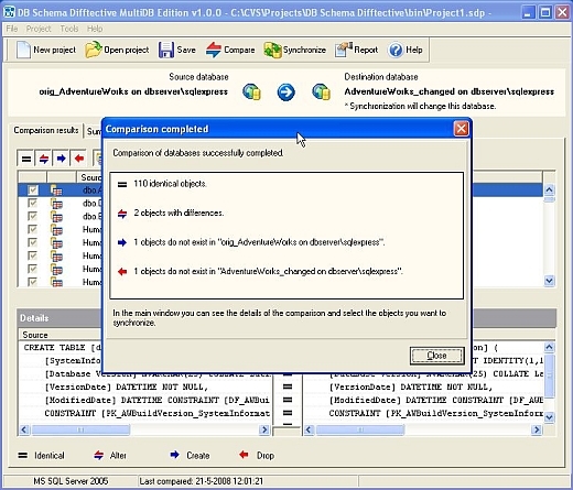 Figure 2: Comparison results summary after comparing databases.
