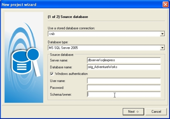 Figure 1: Specify location of source database.